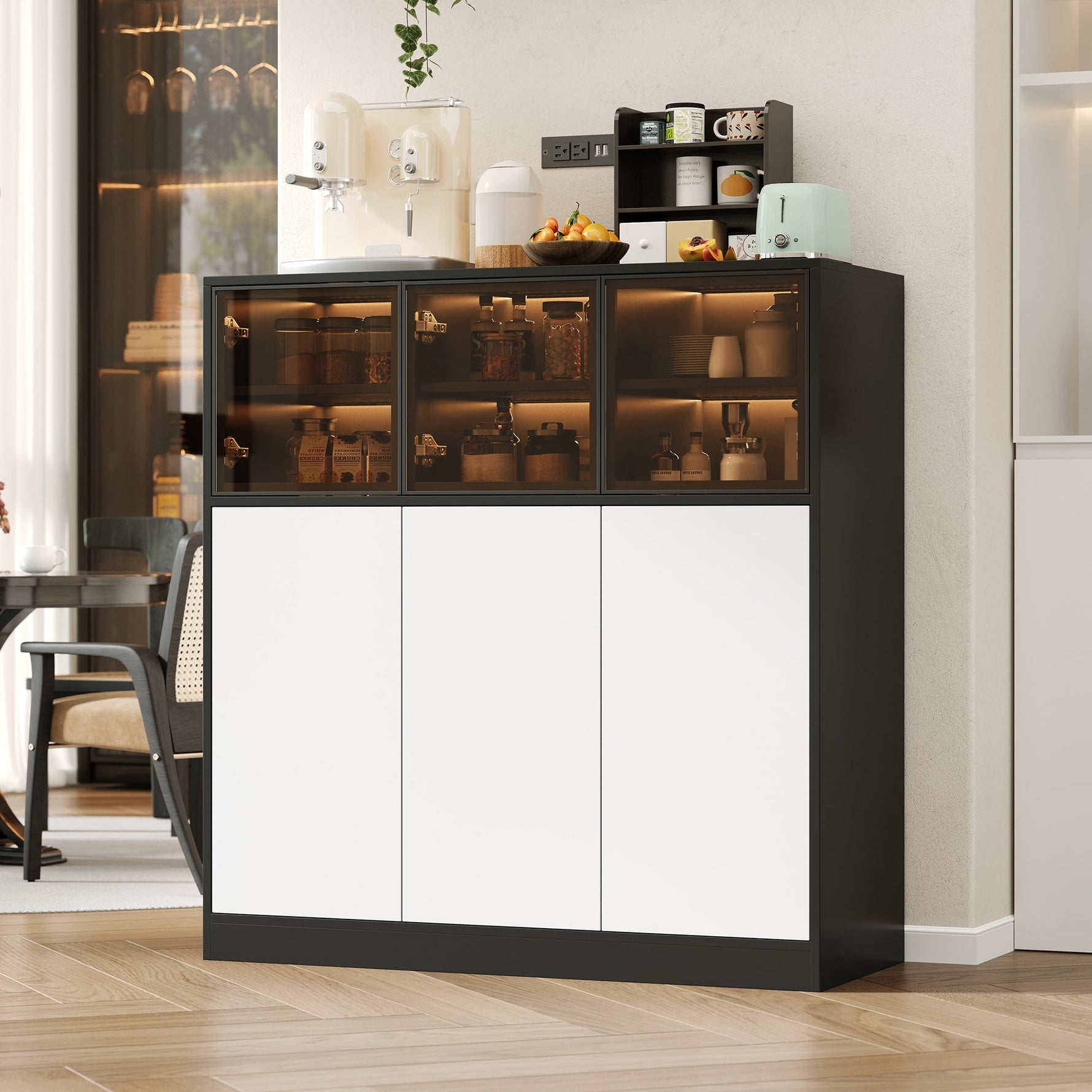 Sideboard Cabinet 100x40x105cm Lighting 3 Glass Doors - White