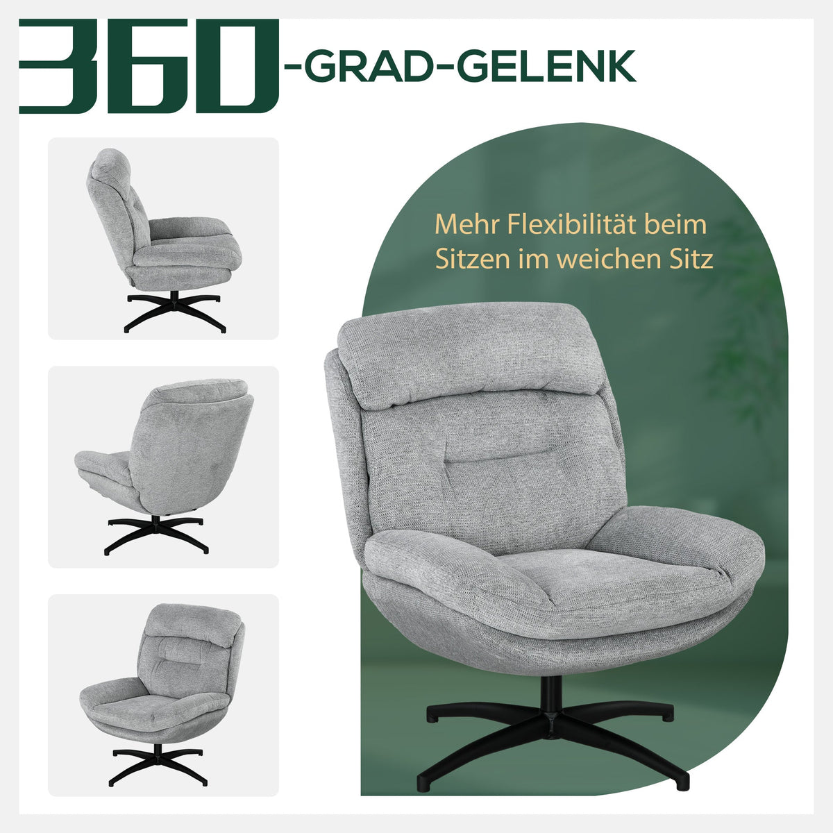 Swivel Lounge Armchair, Water-Repellent Recliner with Integrated Armrest, Chenille Look