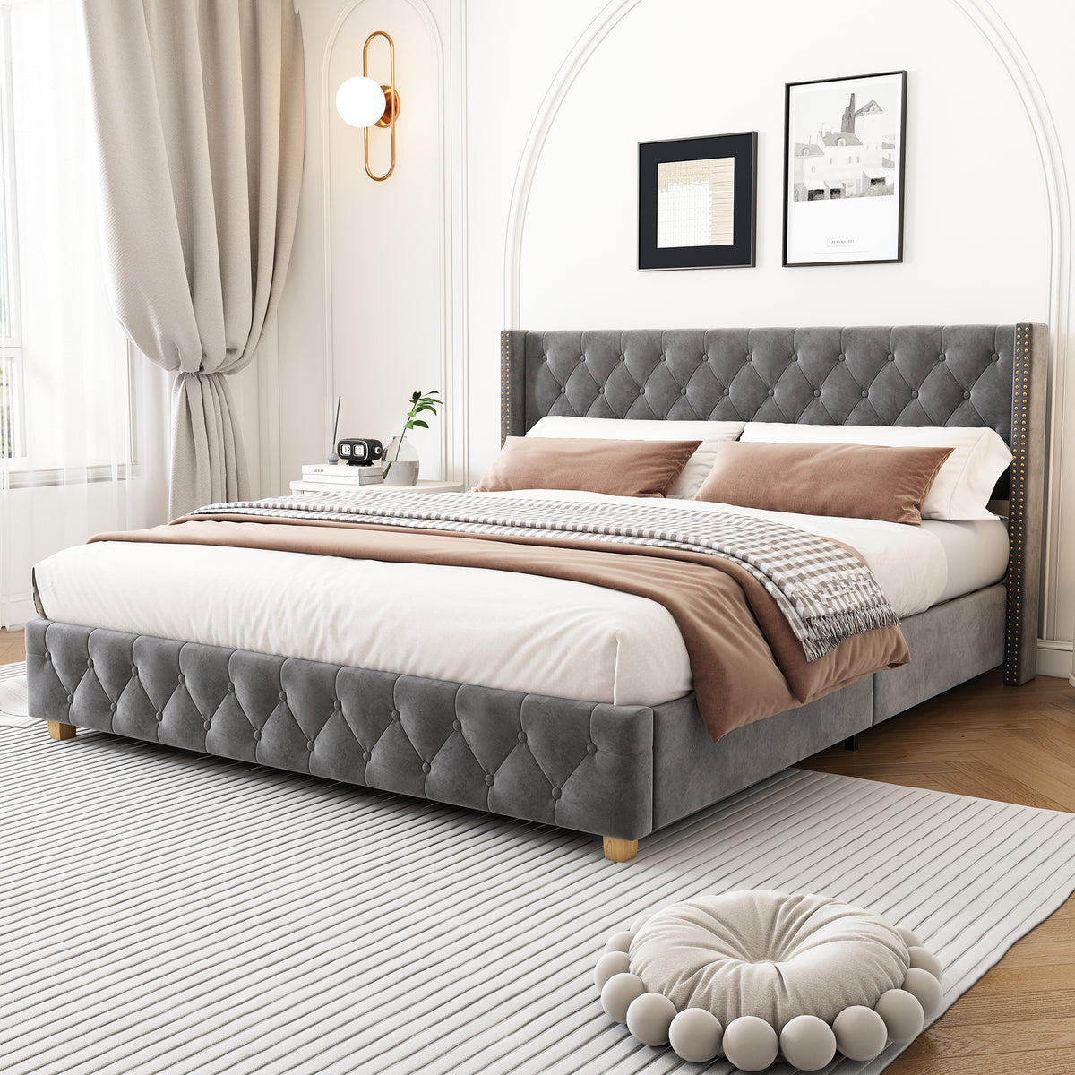 Upholstered Bed 140x190cm with Slatted Frame, Grey Velvet
