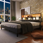 Upholstered Double Bed, Storage Headboard LED Lighting Wooden Frame 140x200cm, Grey