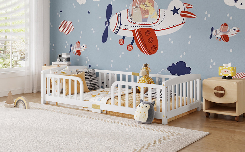 Floor Bed 90x200cm with Guardrails, Pine Wood, White