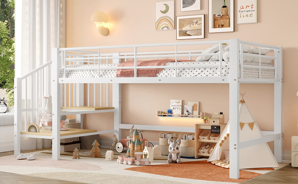 Semi-High Loft Bed 90 x 200 cm with Storage Stairs, White