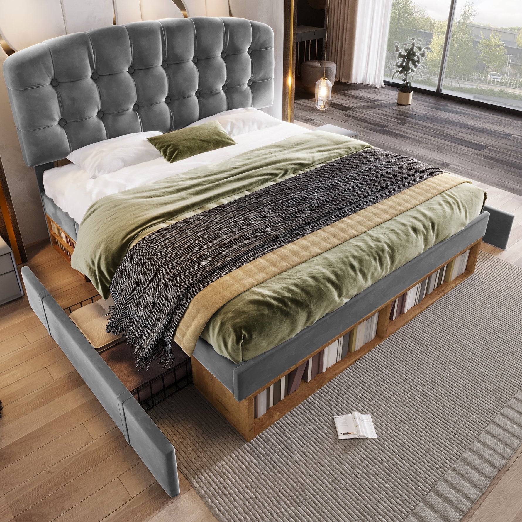 Upholstered Double Bed, 140x200cm with Storage Drawers and Adjustable Headboard, Grey Velvet