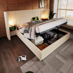 Upholstered Bed, 160x200, Storage, Lamp, USB-C, Beige-White Corduroy