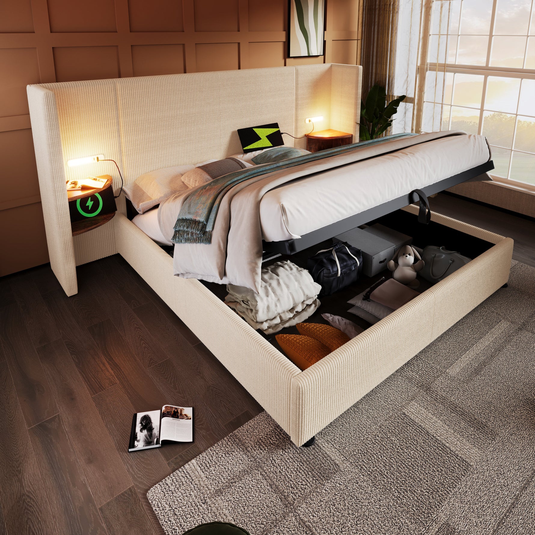 Upholstered Bed, 160x200, Storage, Lamp, USB-C, Beige-White Corduroy