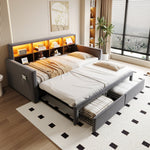 Extendable Upholstered Sofa Bed with Storage Headboard, LED Lights and Charging Ports, Dark Grey Velvet