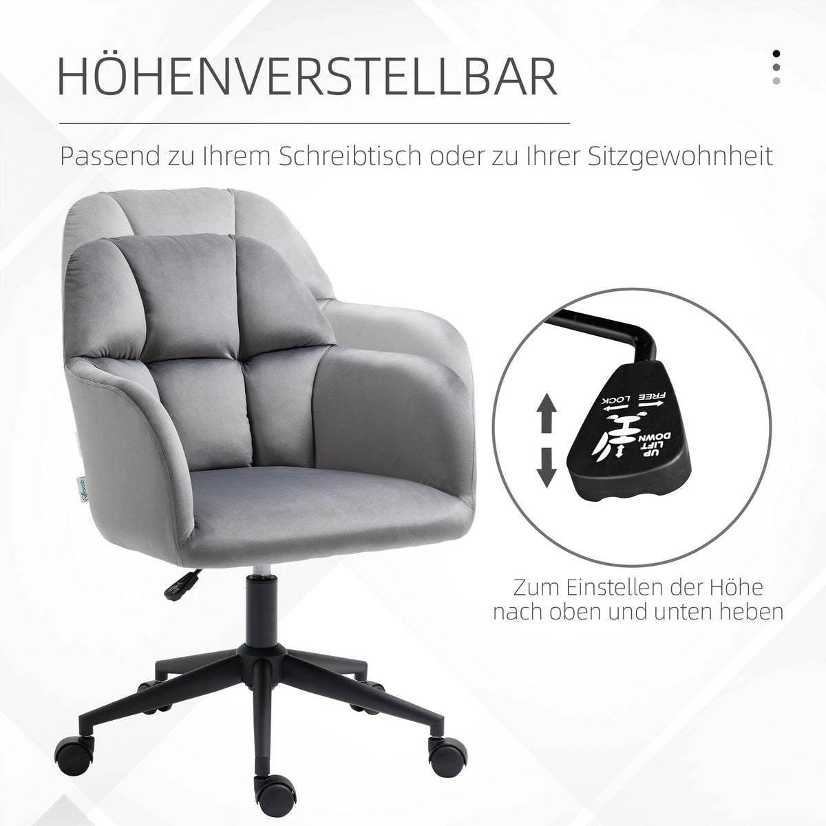 Office Chair, Modern Swivel Height Adjustable Armrest, Velvet Gray