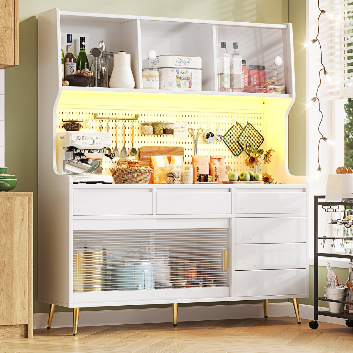 Modern Tall Cabinet with LED & App Control, Pegboard Storage - White