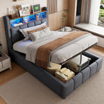 Upholstered Bed 90x200cm LED/USB Headboard Storage Hydraulic Single Linen Grey