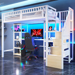 Loft Bed with Desk, Storage Ladder and LED Light Strip, White Metal Frame