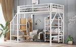 Loft Bed with Shelf, Wardrobe, Safety Railing, Iron + MDF, White/Natural 90x200cm