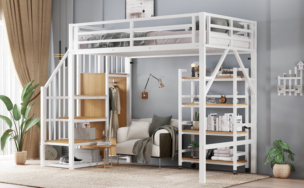 Loft Bed with Shelf, Wardrobe, Safety Railing, Iron + MDF, White/Natural 90x200cm