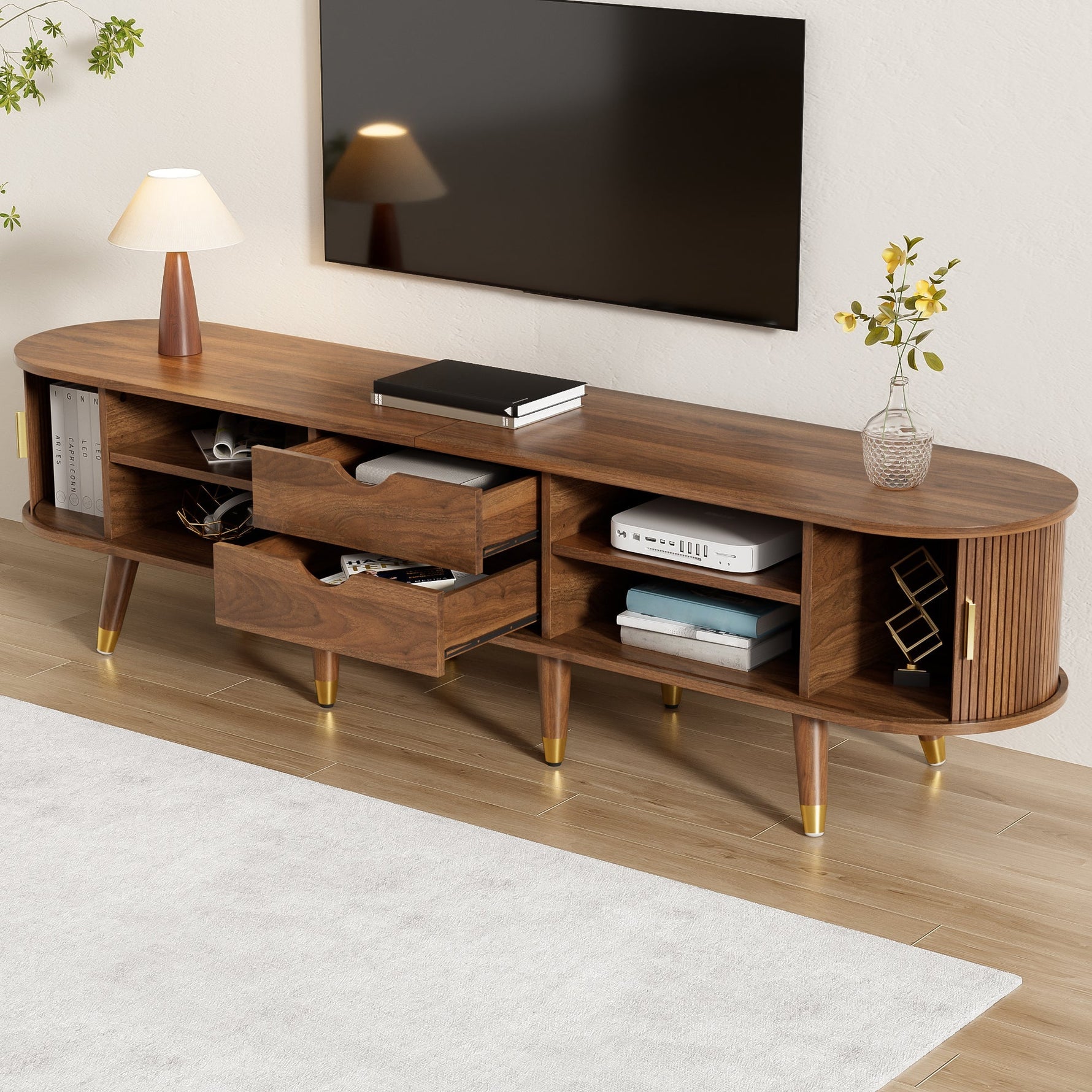 TV Cabinet 175cm Rattan Sliding Door Storage, Walnut Look/Natural Design
