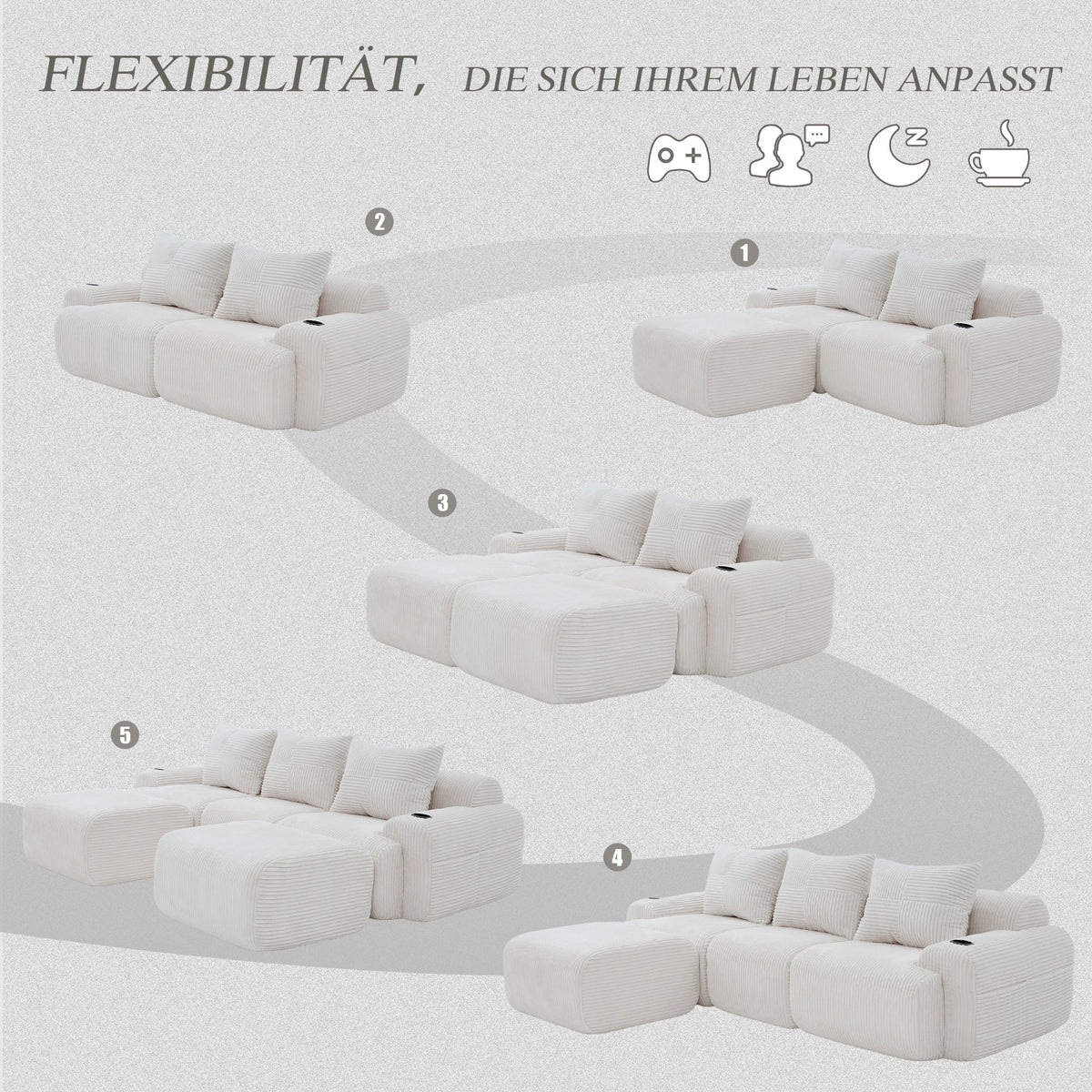 3-Seater Modular Corduroy Sofa with 2 Ottomans, Cup Holders and Storage Pocket, Beige