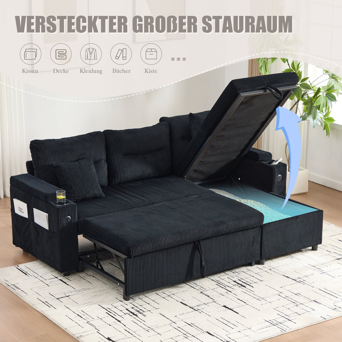 3-Seater Corduroy Sofa Sleeper Hydraulic Chaise Storage Cup Holders USB-C Corduroy