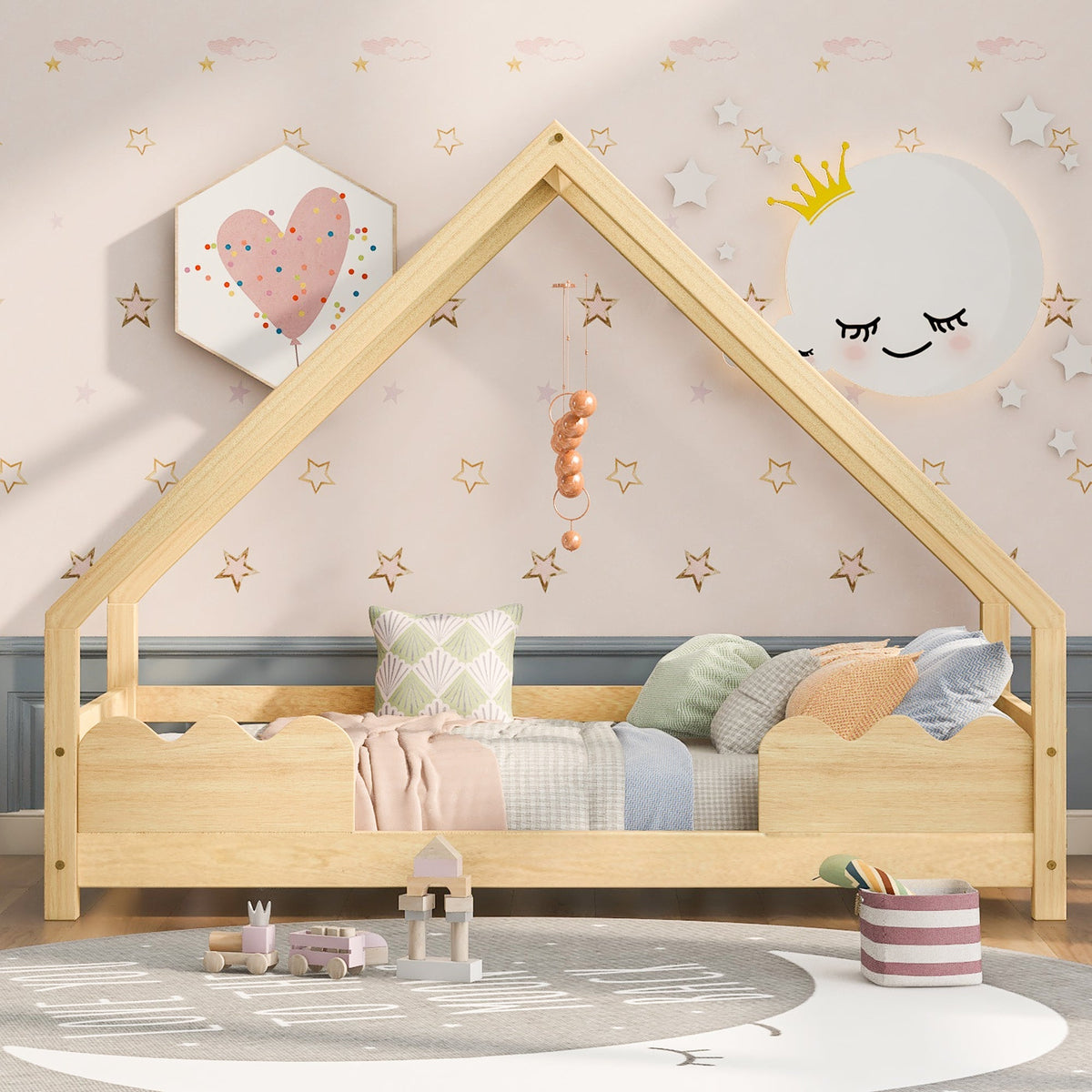 House Bed 90x200cm Fall Protection - Solid Wood Natural