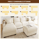 U-Shaped Modular Sofa with Sleeping Function, Phone Holder and USB Port, Beige Corduroy