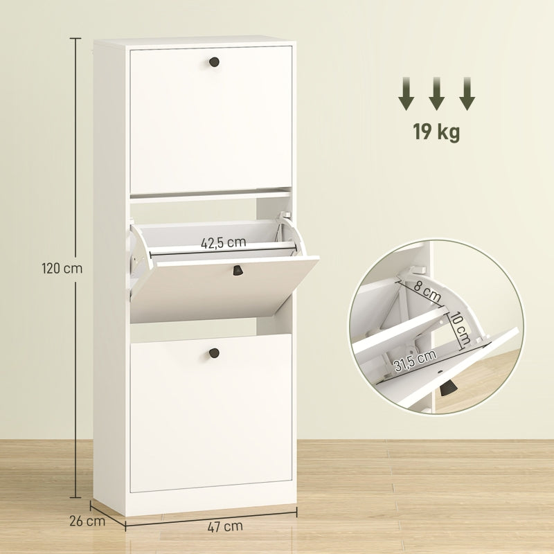 Shoe Cabinet, 3 Doors Adjustable Divider 12 Pair, White