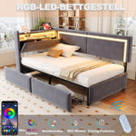 Upholstered Sofa Bed 90x200cm with LED & USB Headboard Storage Drawer Dark Grey Velvet