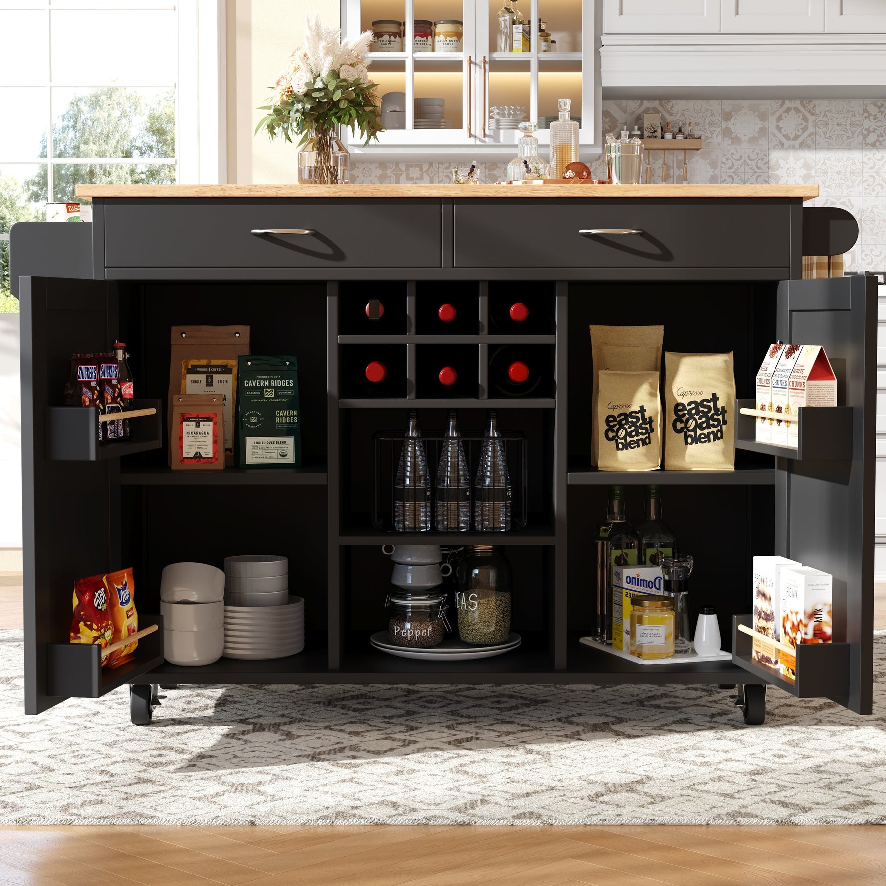 Modern Kitchen Island 102cm Dining Cart Storage - Black