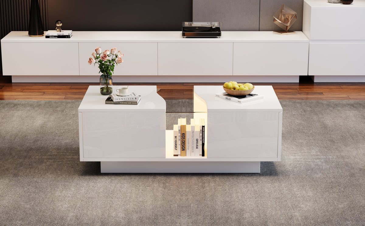 Modern LED Coffee Table, 2 Drawers 100x50x35cm, White High-Gloss MDF
