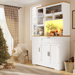 Tall Kitchen Cabinet Display Case with LED Lighting and Glass Doors, White and Black