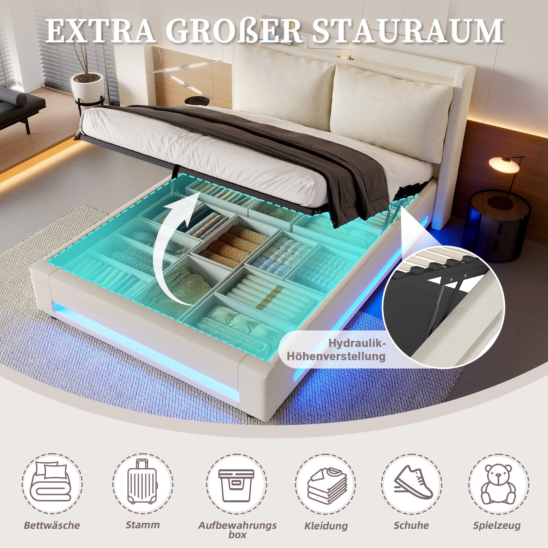 Modern Upholstered Bed with Storage, LED Light, USB-C Ports - 140x200cm