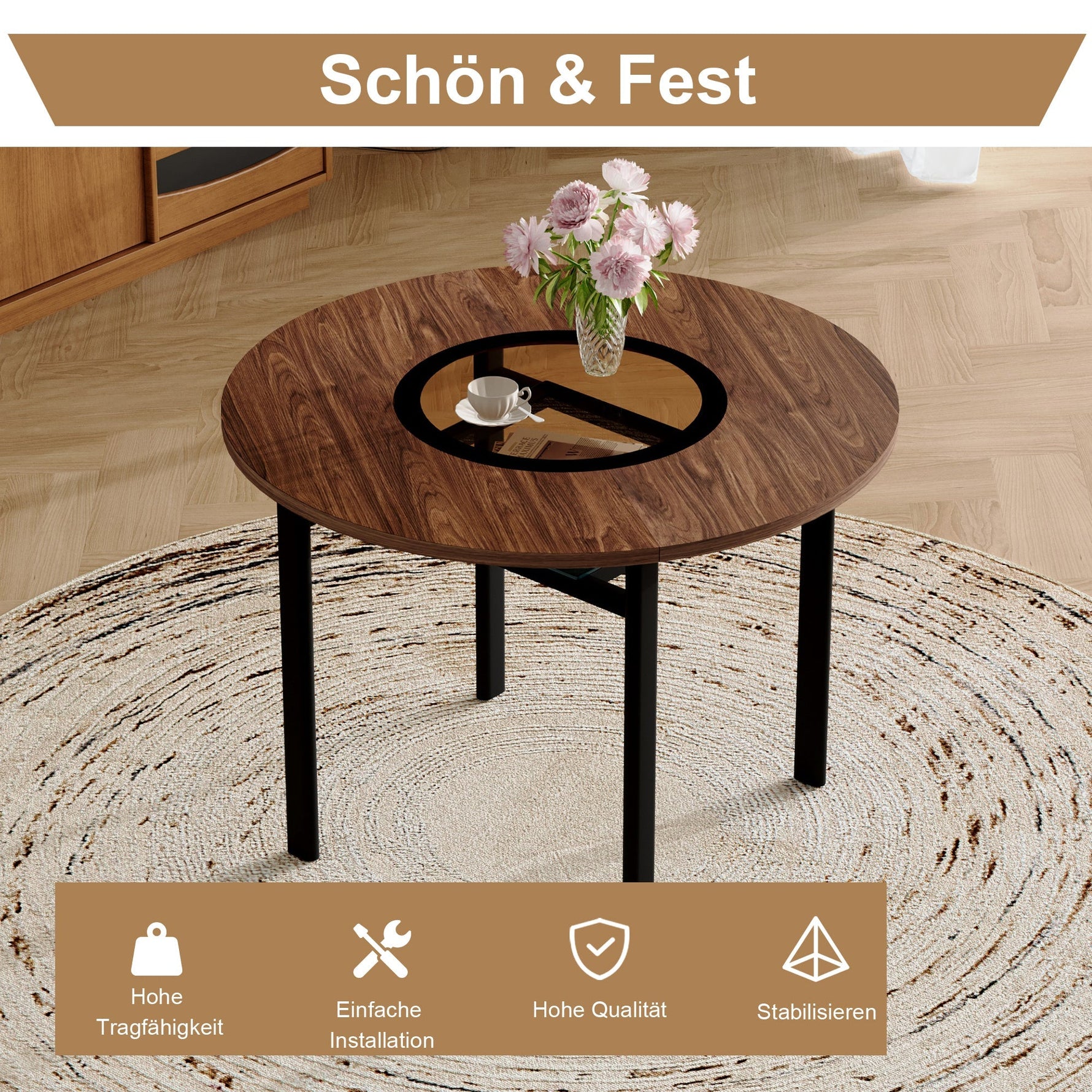 Round Table Set, Modern Minimalist 100cm with Storage and 4 Chairs, Brown Wood Look/Warm Grey PU