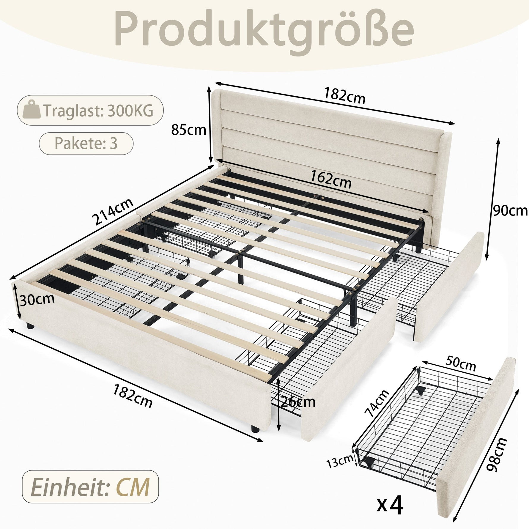 Double Bed 160*200 cm with 4 Storage Drawers, Chenille Beige