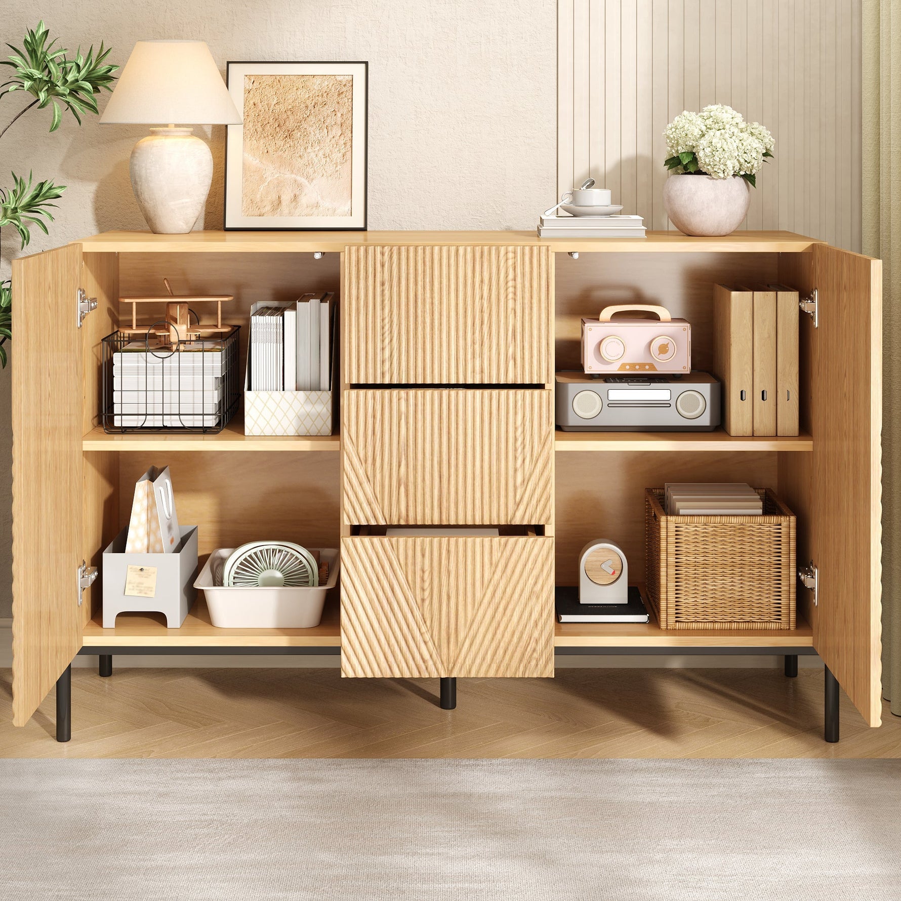 Modern Sideboard with Geometric Structure, Double Doors and Middle Drawer, Living/Dining Room Storage Cabinet