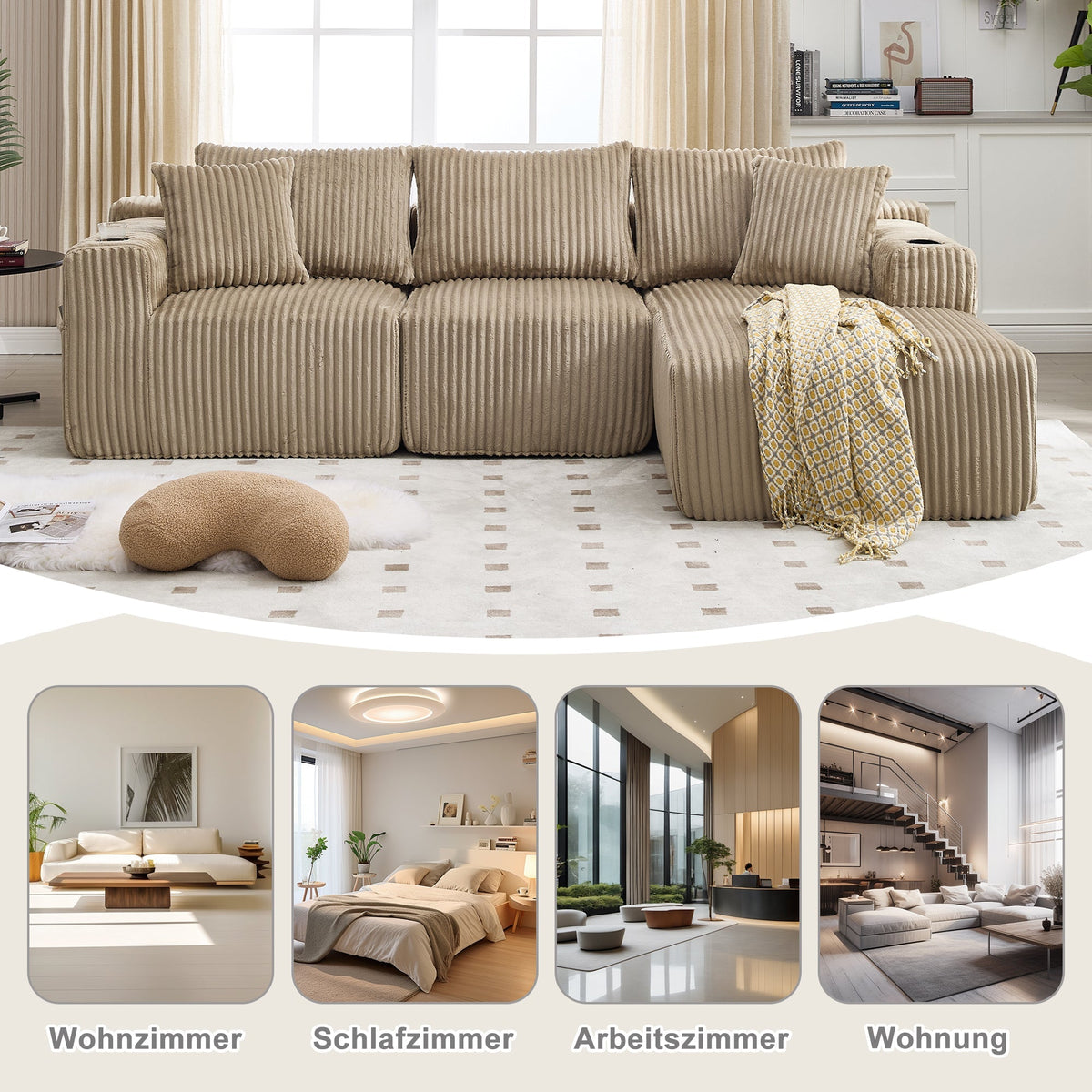 Modular Sofa Set Chaise & 2-Seater, 5 Cushions, Drink Holders, Corduroy Fabric