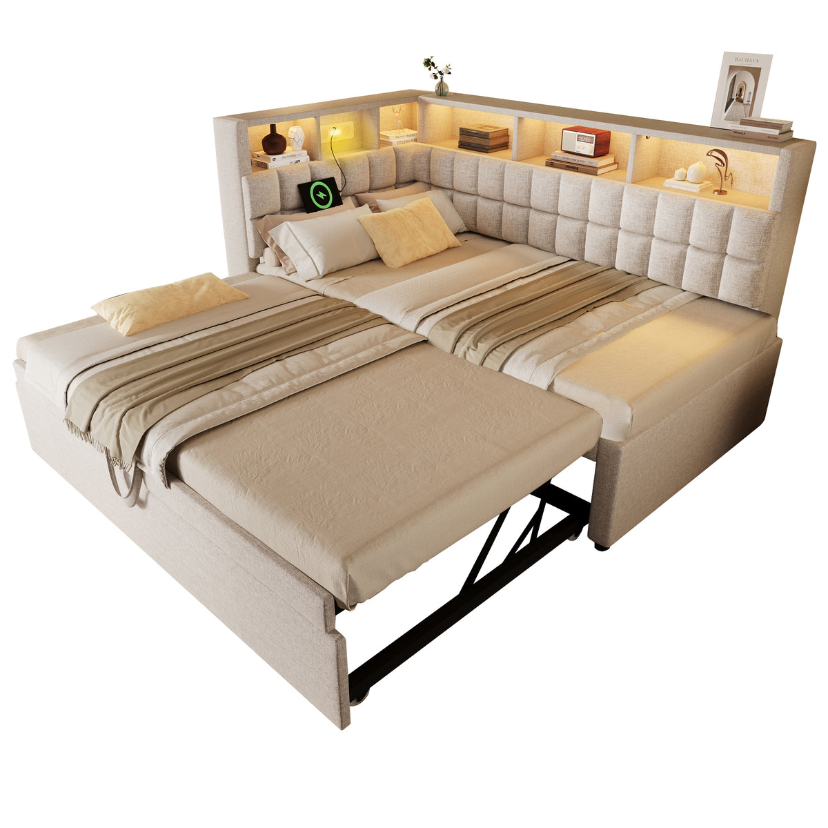 Upholstered Bed 90x200 with Trundle, LED & USB, Beige Linen