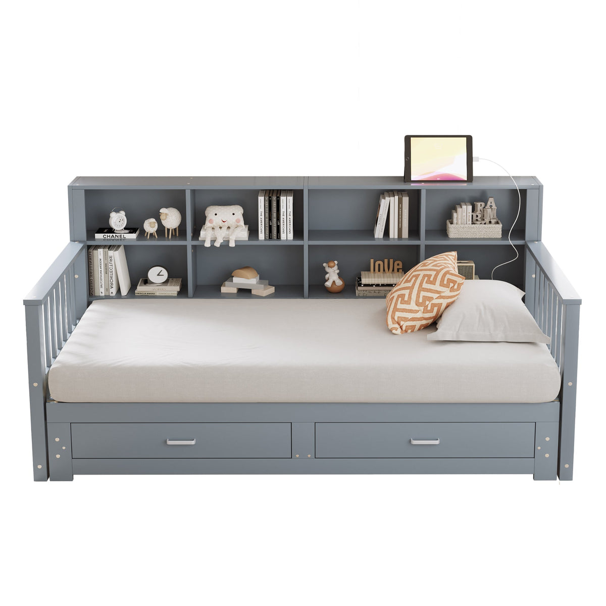 Sofa Bed, Pull-Out 90/180x190 cm with Storage & Charging, 2 Drawers, Pine, Grey