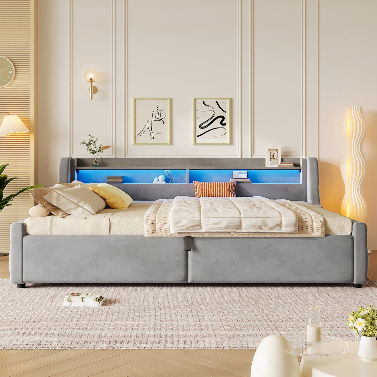 Platform Bed 140x200 with Hydraulic Storage & LED, Grey Velvet