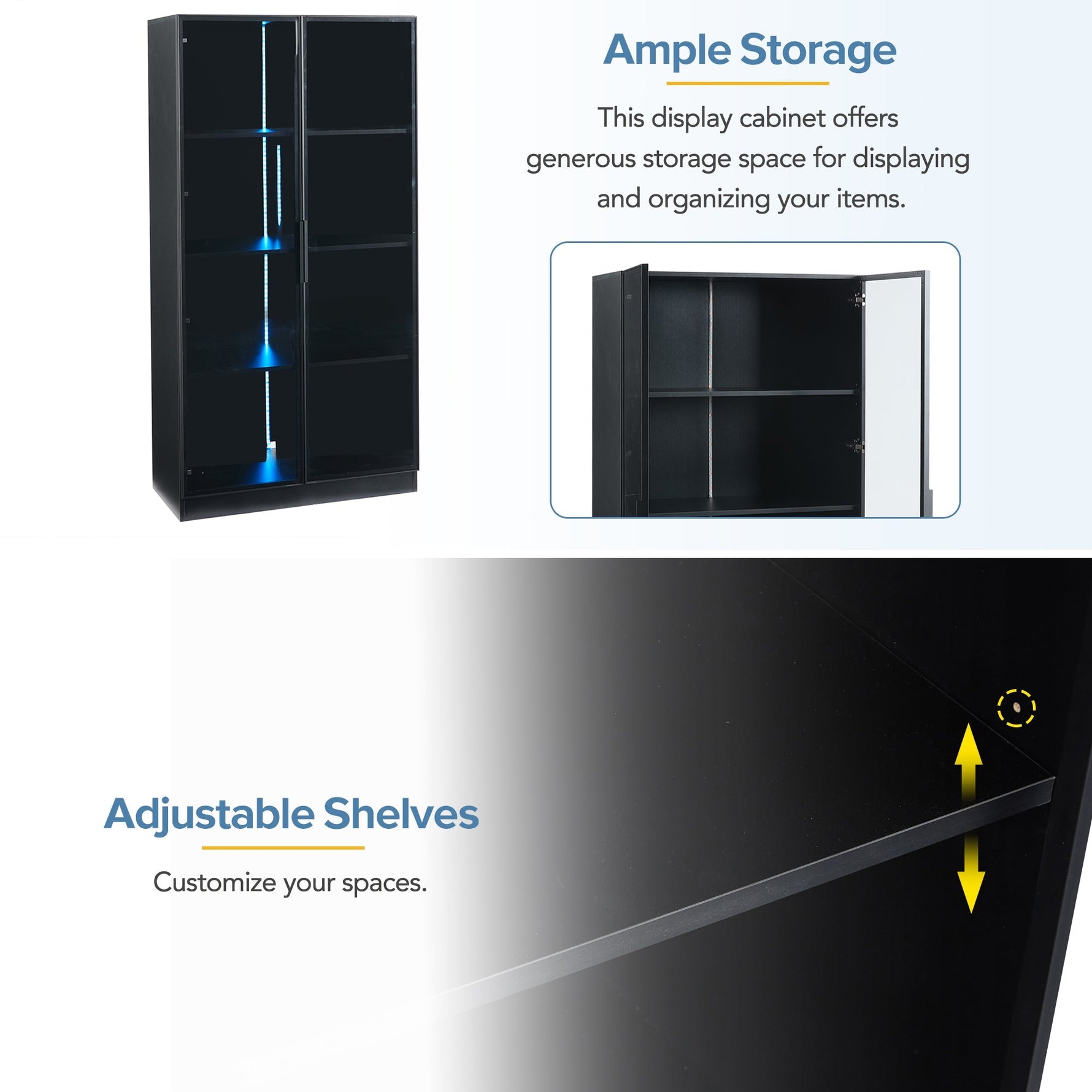 Glass Display Cabinet, Double-Door Adjustable Shelves 80x40x160cm, App-Controlled LED Lighting
