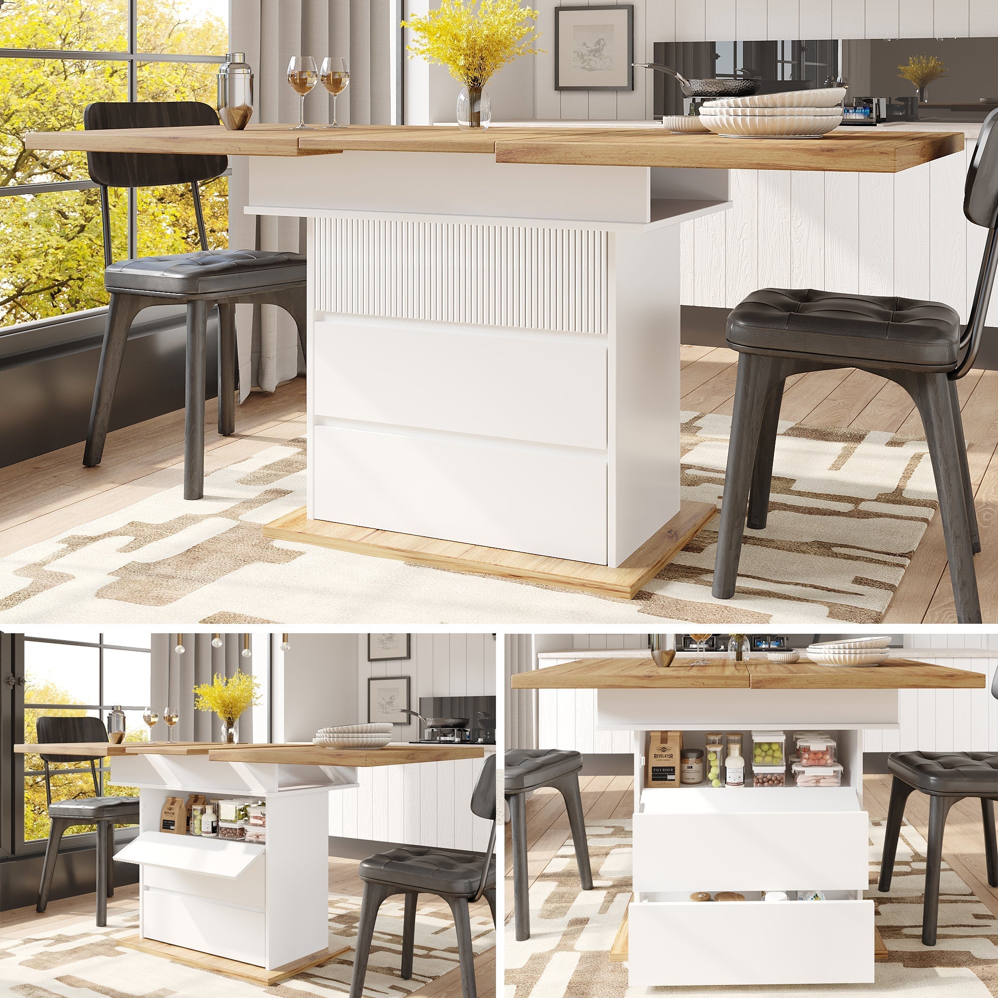 Extendable Telescopic Dining Table with Three Shelves for 4-6 People, White