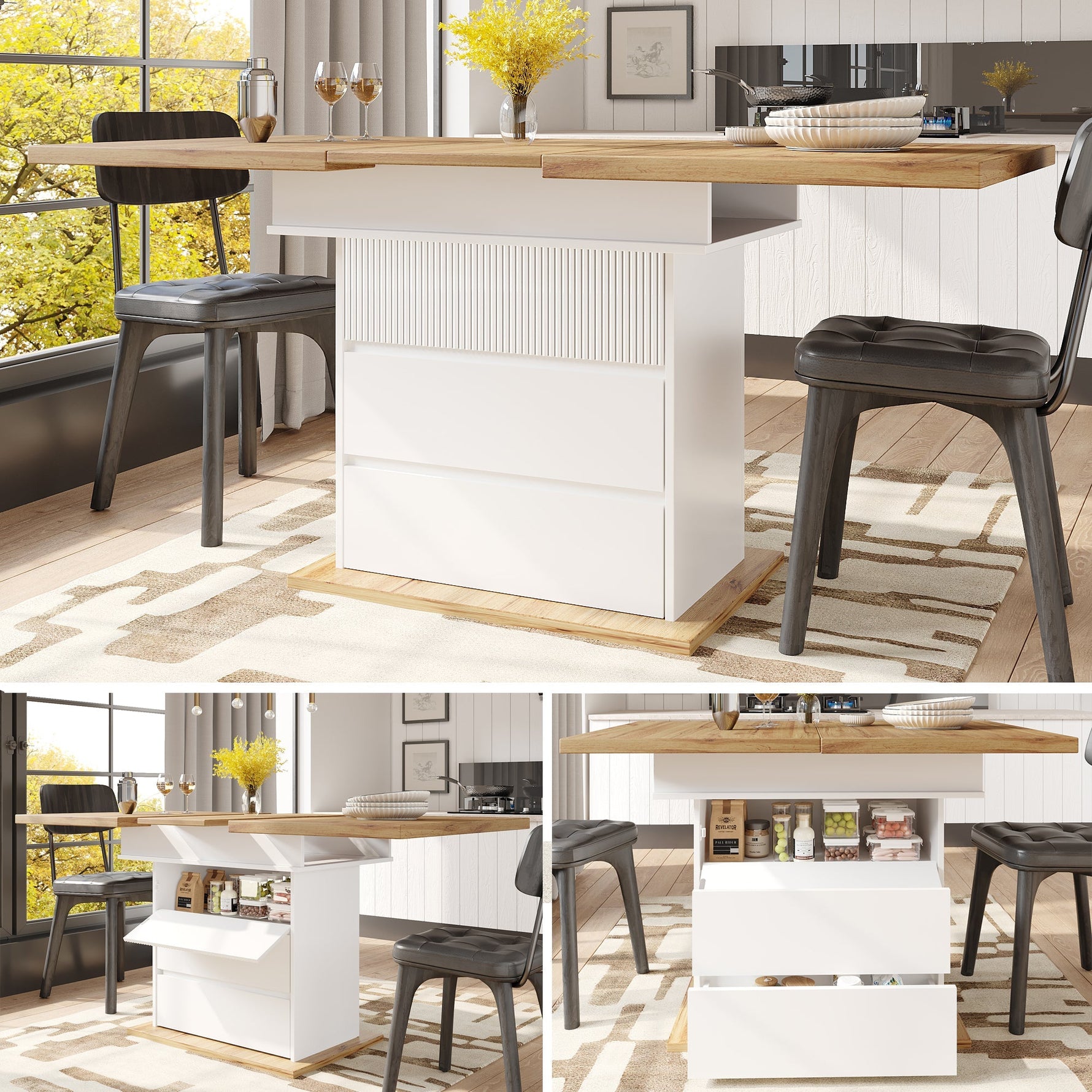 Extendable Telescopic Dining Table with Three Shelves for 4-6 People, White