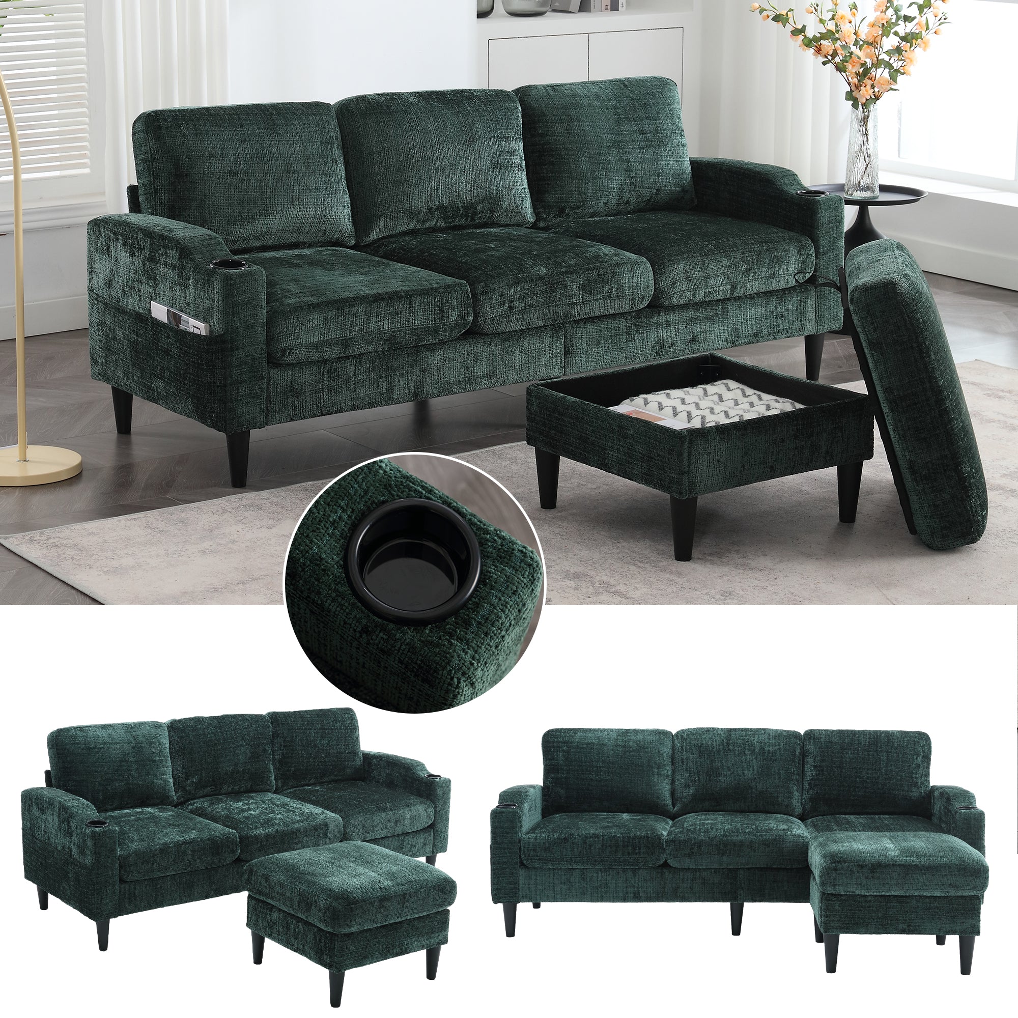 Sofa, 4-Seater with Footstool & Storage, Velvet