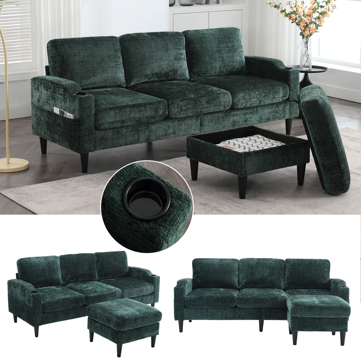 Sofa, 4-Seater with Footstool & Storage, Velvet
