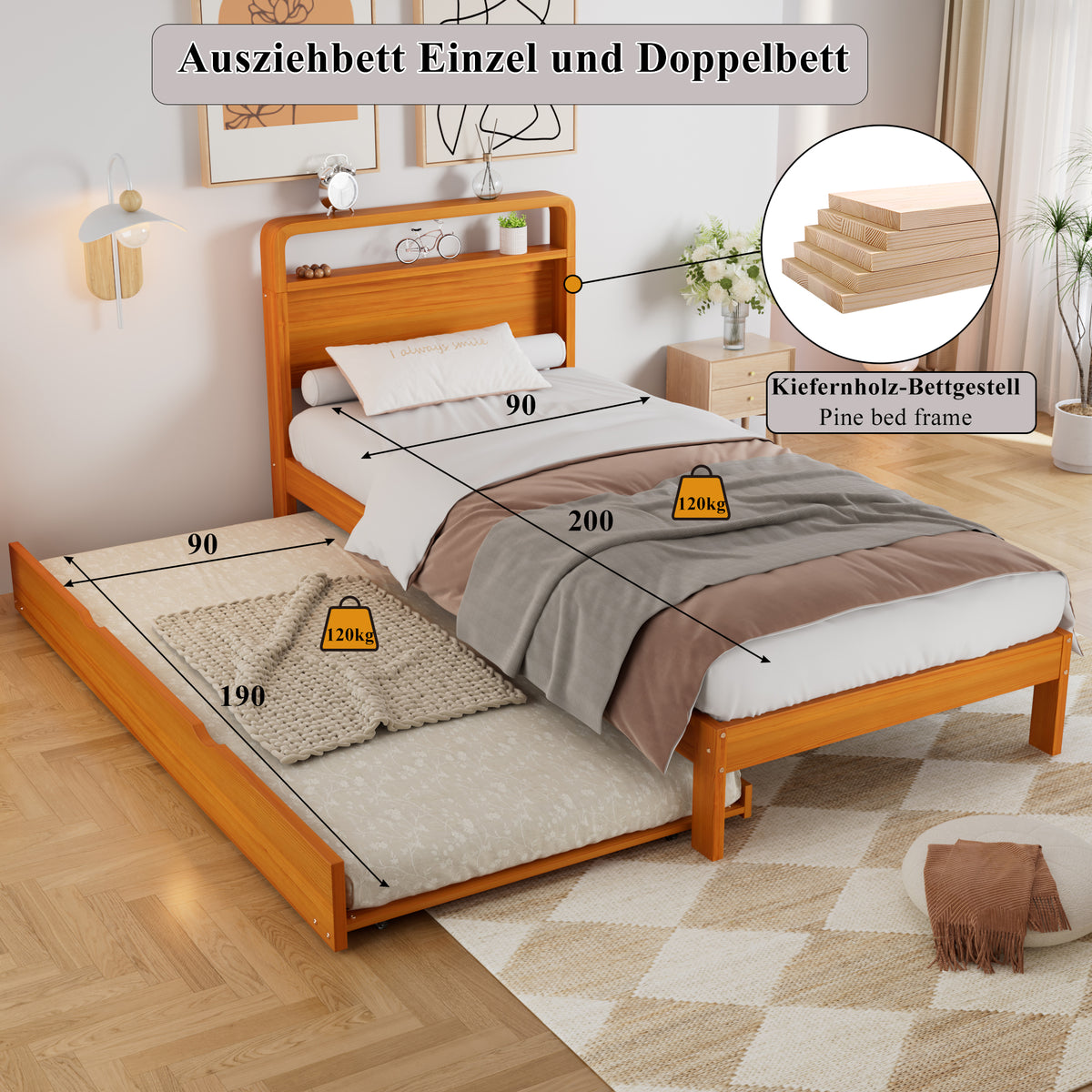 Wooden Bed 90x200cm with 90x190cm Pull-Out Bed, Wood