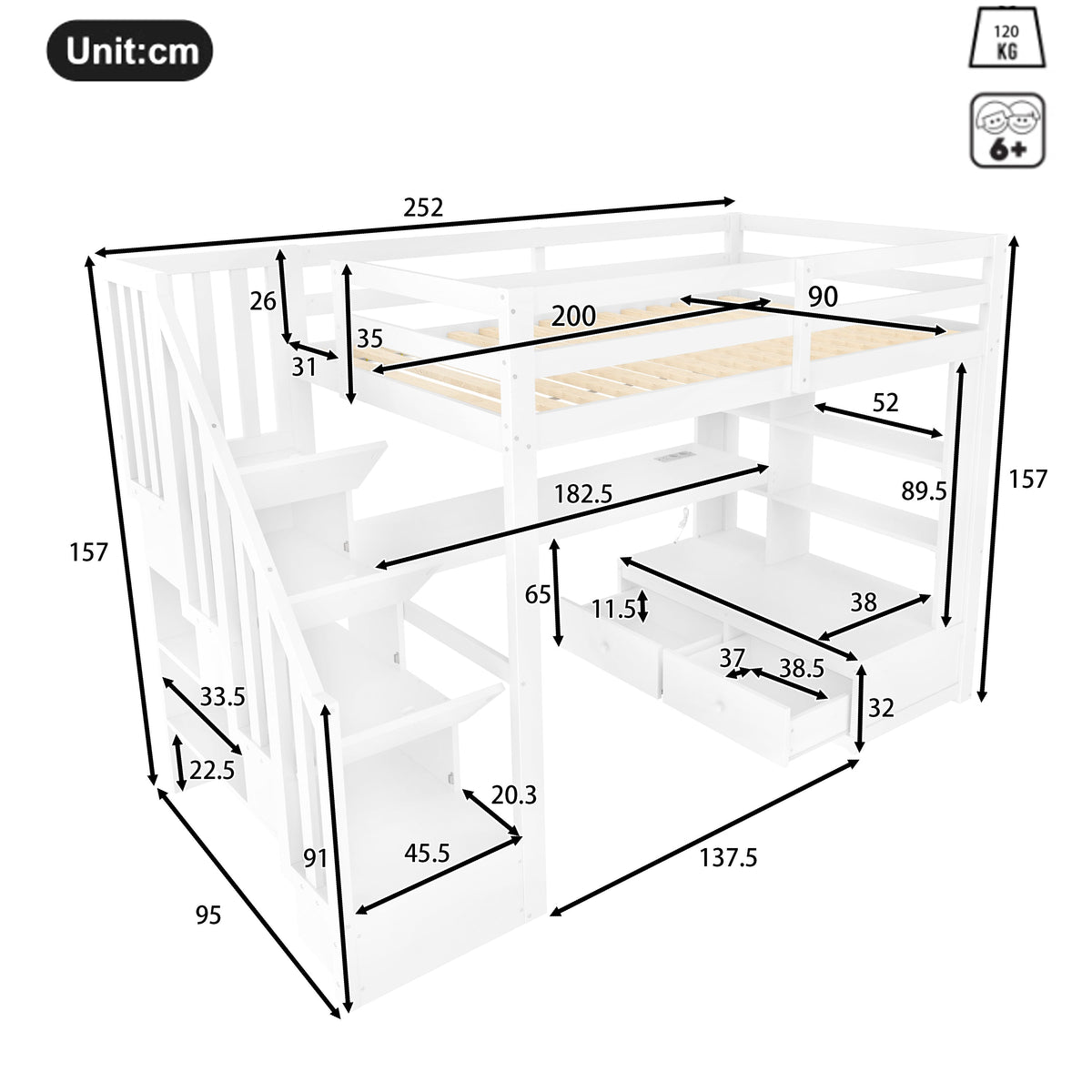 Loft Bed 90x200cm Desk Shelves Drawers Storage Stairs White