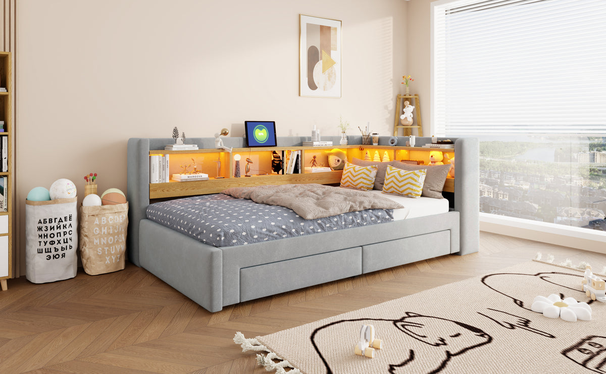 3-in-1 Extendable Sofa Bed 90x200cm with LED & Drawers, Wood