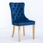 Dining Chair Set of 2 Tufted Velvet Upholstered Golden Legs Nailhead Trim - Blue