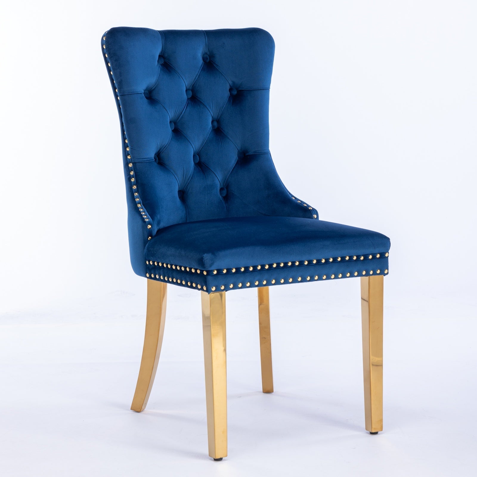 Dining Chair Set of 2 Tufted Velvet Upholstered Golden Legs Nailhead Trim - Blue