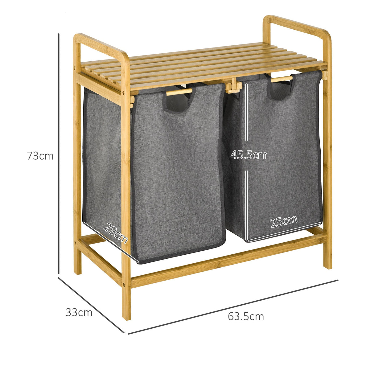 Laundry Basket with Platform, 2 Bags, Bamboo Grey+Natural