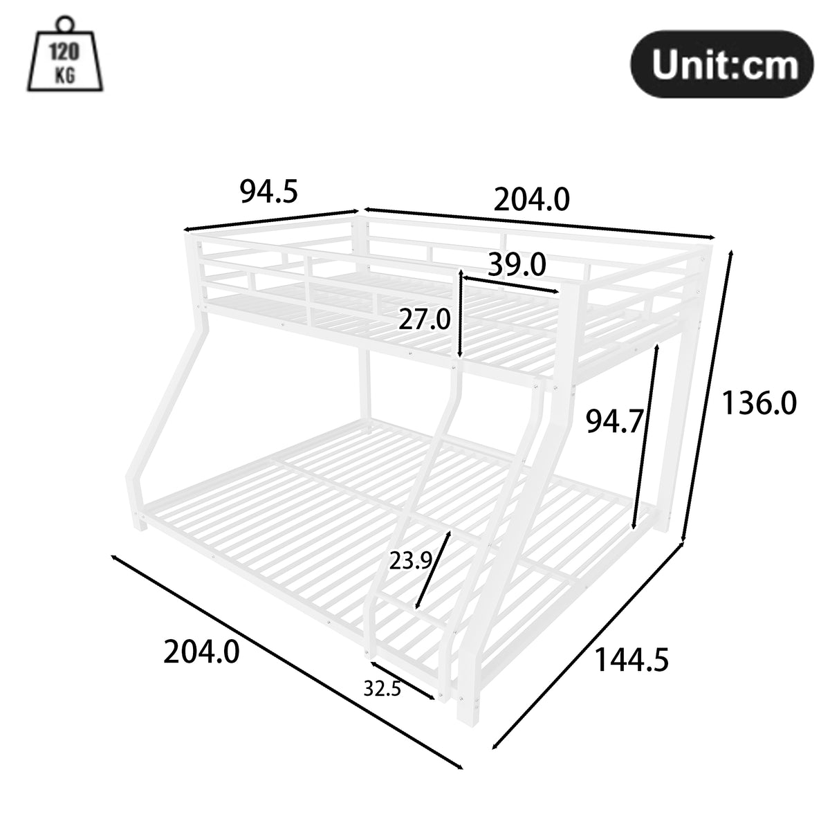 Bunk Bed 90x200 & 140x200 cm with Guardrail & Steps, White Metal