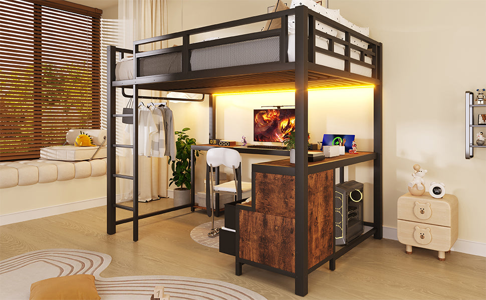 Metal Loft Bed 140x200cm with Desk, LED & Storage, Metal