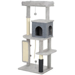 Cat Tree 132cm, Scratching Posts, Bed, House, Platforms, Grooming Brush, Light Grey