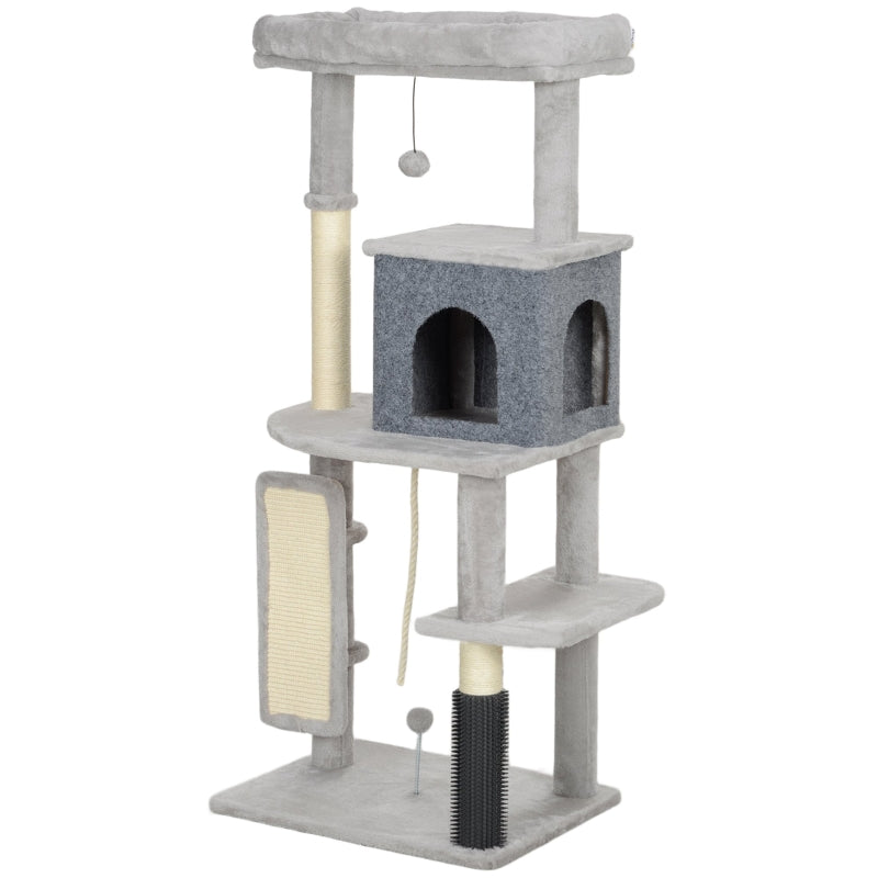 Cat Tree 132cm, Scratching Posts, Bed, House, Platforms, Grooming Brush, Light Grey