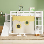 Bunk Bed 90x200cm with Stairs Slide and Curtain - White MDF/Pine